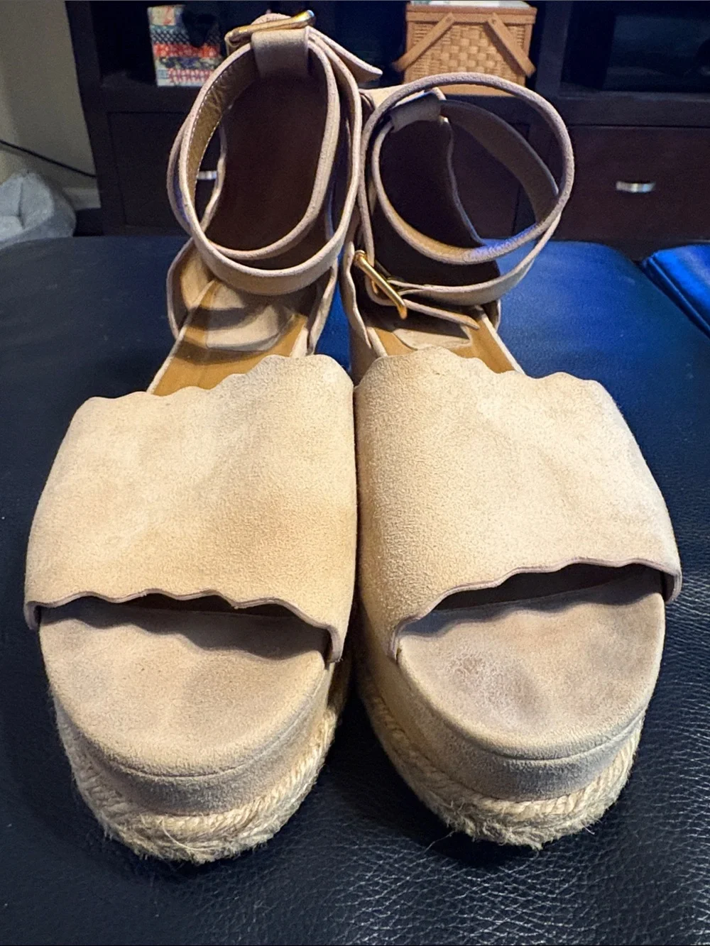 Chloe Beige Suede Scalloped Trim Lauren Ankle Wrap Flatform Espadrille Sandals